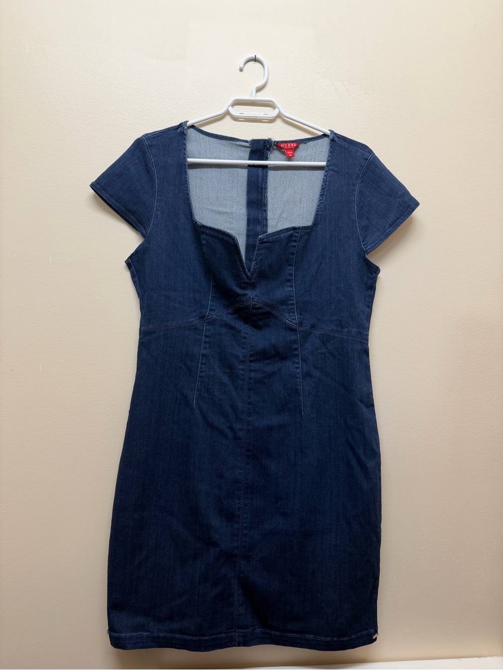 Guess Sweetheart Neck Fitted Denim Mini Dress.